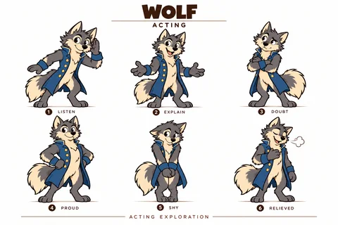 Wolf character study sheet showing acting.