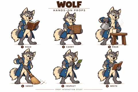 Wolf character study sheet showing hands-on props.